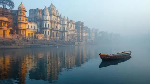 Wooden Boat Floating On River Passing Ancient Indian Palace Photo
